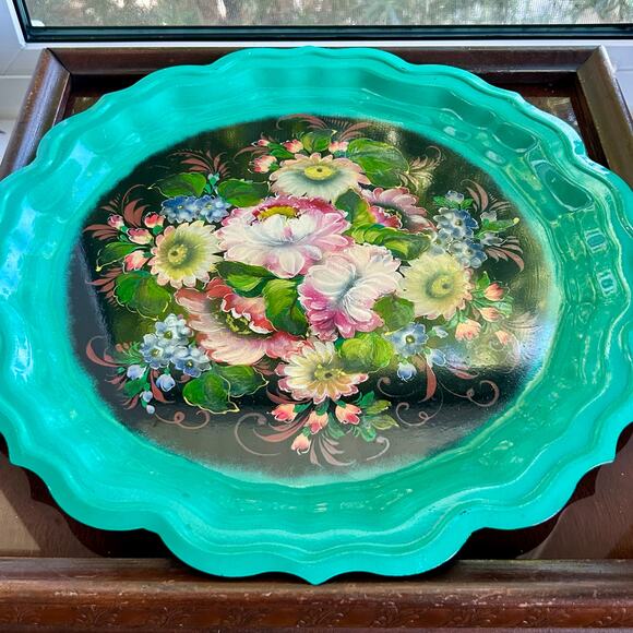 Vintage Zhostovo Russian Tole Tray with Bright Floral & Green Rim 15” - Picture 5 of 15